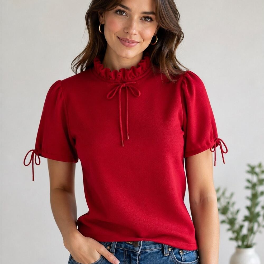Vintage Miss Holly Red Puff Sleeve Ruffle Neck Blouse Sz Medium Bow Cuffs